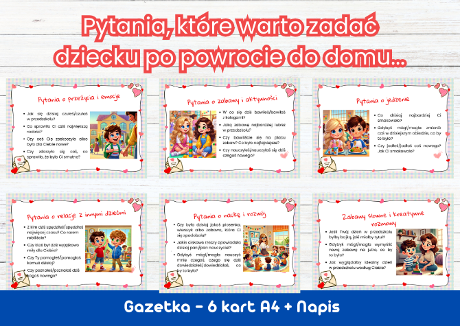 Gazetka edukacyjna „Pytania, które warto zadać dziecku po powrocie do domu” – 6 kart A4 + napis.