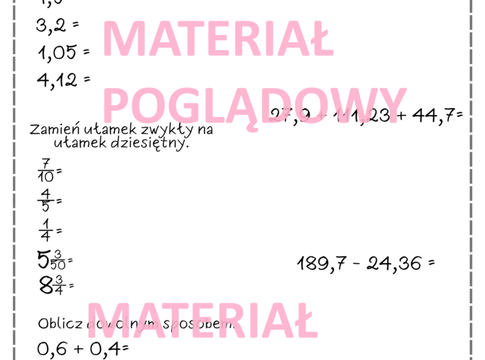 Ułamki dziesiętne - zamiana ułamków, dodawanie i odejmowanie. Karta pracy/kartkówka klasa 4,5