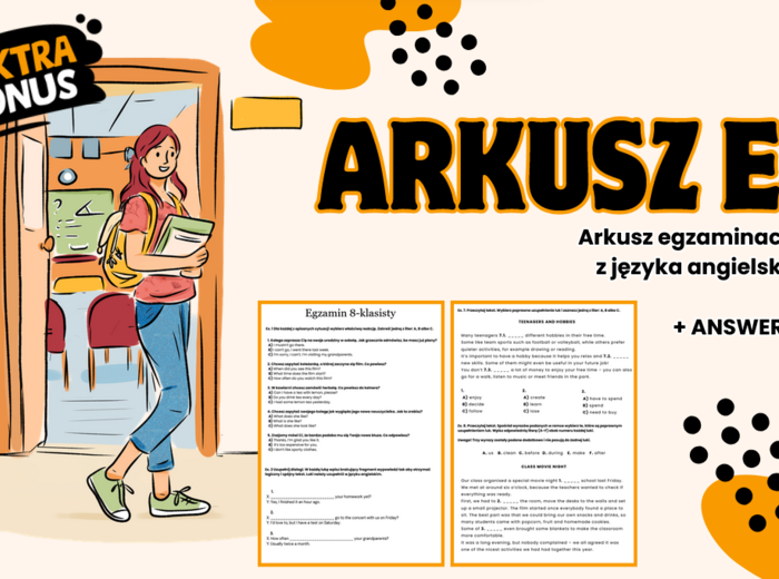 EGZAMIN 8-KLASISTY - JĘZYK ANGIELSKI | Pełen zestaw zadań egzaminacyjnych: reakcje językowe, dialogi, czytanie, tłumaczenia, e-mail + klucz odpowiedzi (Poziom A2-A2+) & EXTRA BONUS! e-mail checklist