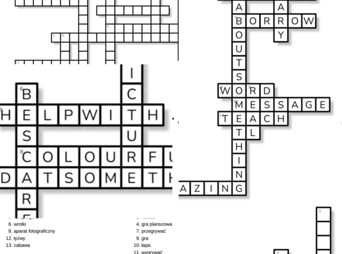 Junior Explorer 4 – Unit 2 – krzyżówki – Ulubione przedmioty i zabawy/Księga zwrotów/Inne słówka