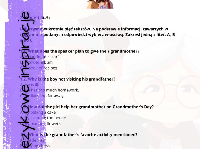 Grandma's Day and Grandpa's Day. Dzień babci i dziadka. Karty pracy. E8 Angielski