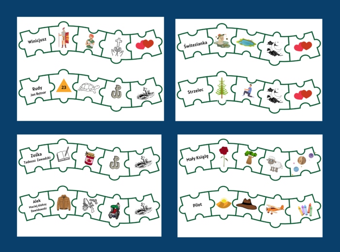 BOHATEROWIE - lektury z kl. 7-8 - ikonki - puzzle - układanka - powtórka - egzamin - 13 stron