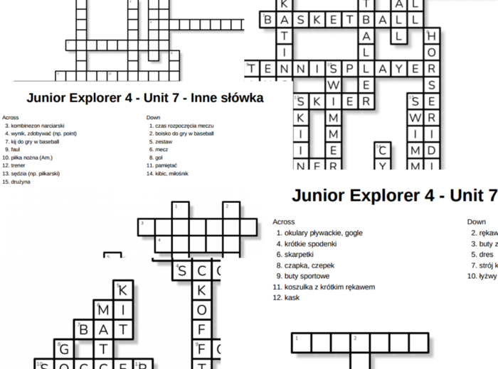 Junior Explorer 4 – Unit 7 – krzyżówki – Dyscypliny sportowe_Sportowcy/Sprzęt i ubrania/Inne słówka
