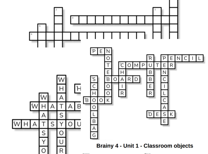 Brainy 4 – Unit 1 – krzyżówki – A new student in the class_Useful!/Classroom objects
