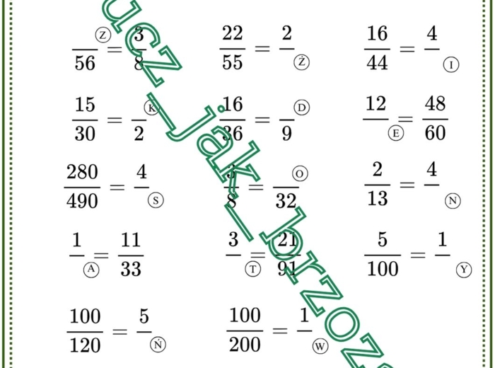 Skracanie i rozszerzanie ułamków, klasa 4, karta pracy z hasłem