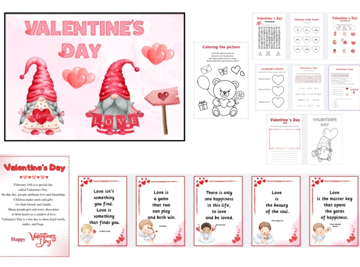 VALENTINE'S DAY dekoracja na gazetkę, informacja o walentynkach po angielsku, plakaty z cytatami, karty pracy