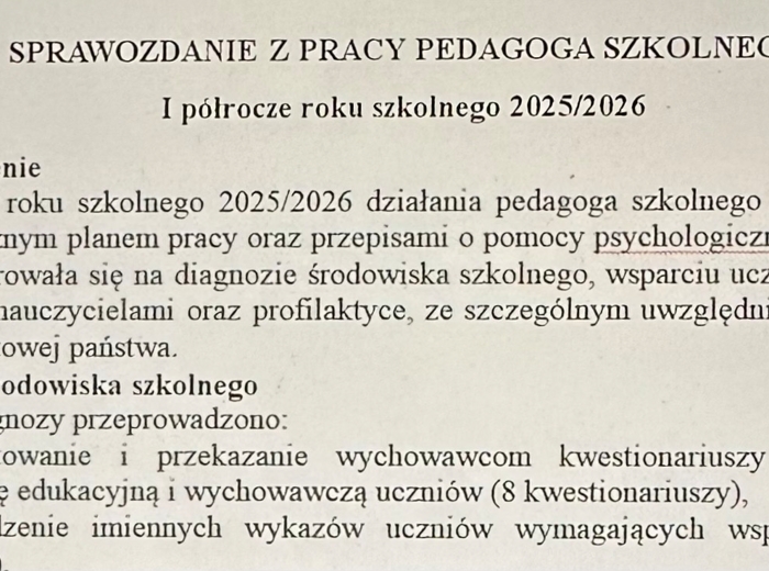 Sprawozdanie pedagoga szkolnego I półrocze 2025/2026