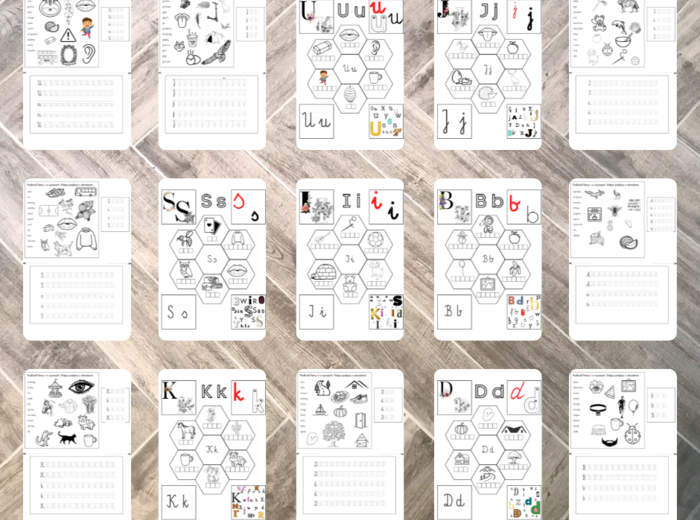 Alfabet - ćwiczenia grafomotoryczne, wklejki A, B, D, I, J, K, S, U
