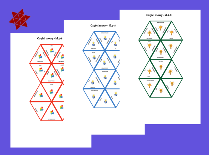 CZĘŚCI MOWY - kl. 5-8 - trimino 12 elementów