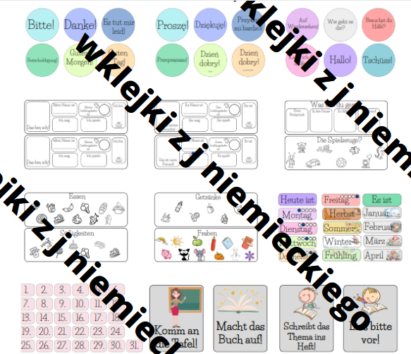 Kalendarz, zwroty grzecznościowe, polecenia nauczyciela - ułatw sobie pierwsze lekcje z j. niemieckiego - wklejki z j. niemieckiego