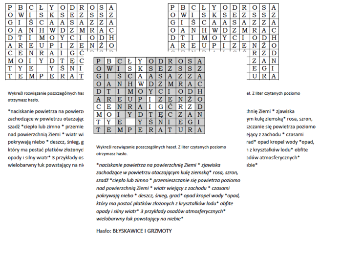 Wykreślanka na podsumowanie lekcji przyrody w klasie 4 o składnikach pogody