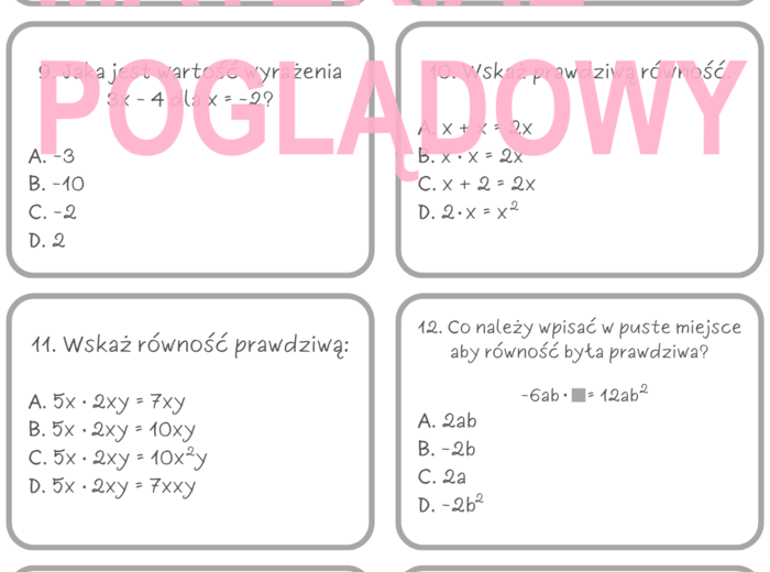 A - Z quiz wyrażenia algebraiczne (powtórzenie) kl. 6, 7, 8