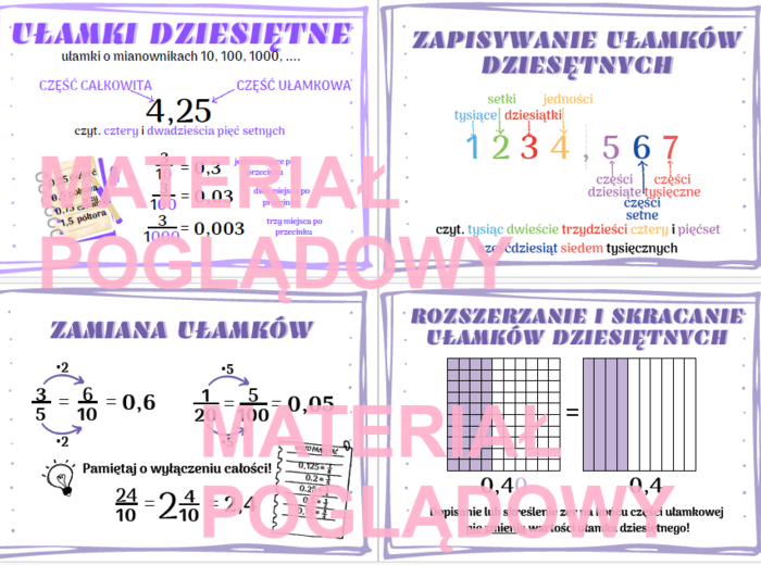 Ułamki dziesiętne - notatka, plansza, gazetka