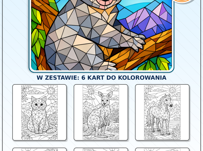 Kolorowanki typu: mozaika, low poly, witraż – zwierzęta: koala, kapibara, koń, kangur, królik, kot (6 kart)