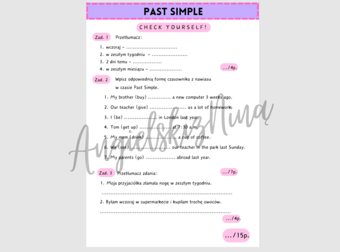 Past Simple – Check yourself! – kartkówka – test – karta pracy – ćwiczenia – powtórzenie – kl. 4, 5, 6 – A2