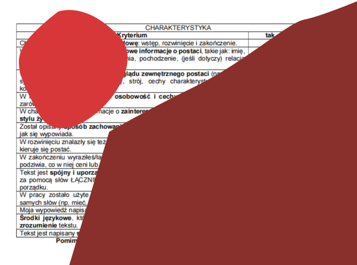 Kryteria pisania CHARAKTERYSTYKI na języku polskim - klasa IV-VI