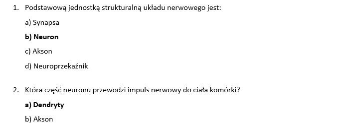 Test- regulacja nerwowa człowieka