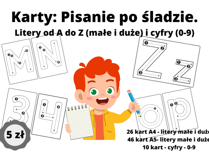 Pisanie po śladzie - Litery od A do Z i cyfry od 0 do 9. W sumie 82 karty