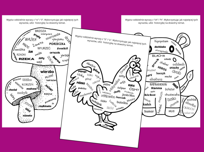 Ortograficzne CHMURY wyrazowe Ó/U, RZ/Ż, CH/H - chmura - ortografia - karta pracy - ćwiczenia redakcyjne - zestaw