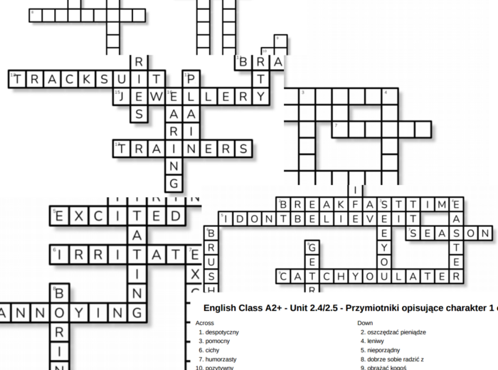 English Class A2+ – Unit 2 – krzyżówki – Ubrania i dodatki_Opisywanie ubrań/Out of class/Przymiotniki z końcówkami -ing_-ed/Przymiotniki opisujące charakter