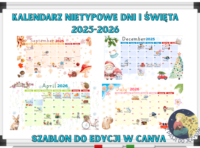 Kalendarz z wyjątkowymi dniami 2025/2026, przedszkole, świetlica, angielski w przedszkolu. Wersja angielska. Do wydruku, dodatkowo link do szablonu canva.