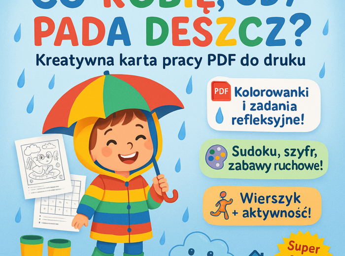 Karta pracy: „Co robię, gdy pada deszcz?” – rysowanie, kolorowanie.
