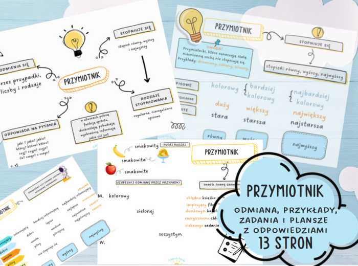 Przymiotnik- odmiana, zadania, plansze z rozwiązaniami