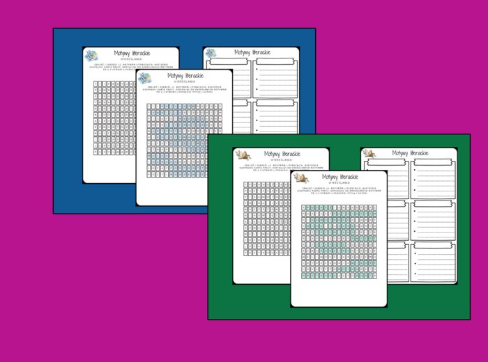MOTYWY LITERACKIE - wykreślanka - karta pracy - powtórka - egzamin - lektury z kl.7-8 + odpowiedzi
