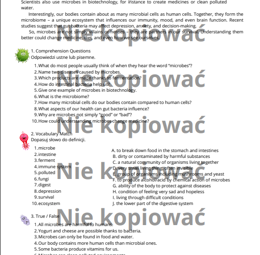 Karta pracy - czytanka "The Secret Life of Microbes" B2 z ćw. na czas Present Perfect v. Past Simple
