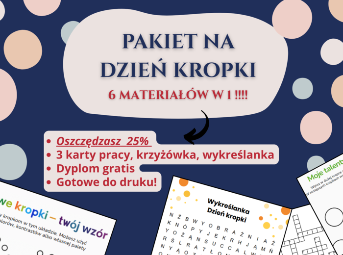 📦 Pakiet „Dzień Kropki” 🔴✨ – karty pracy, krzyżówka, wykreślanka, dyplom – kreatywność, wyobraźnia, sztuka – klasy 1–8, świetlica, godzina wychowawcza