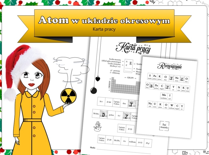 Klasa 7 Chemia. Odczytywanie informacji z układu okresowego. Świąteczna karta pracy. Święta. Christmas.