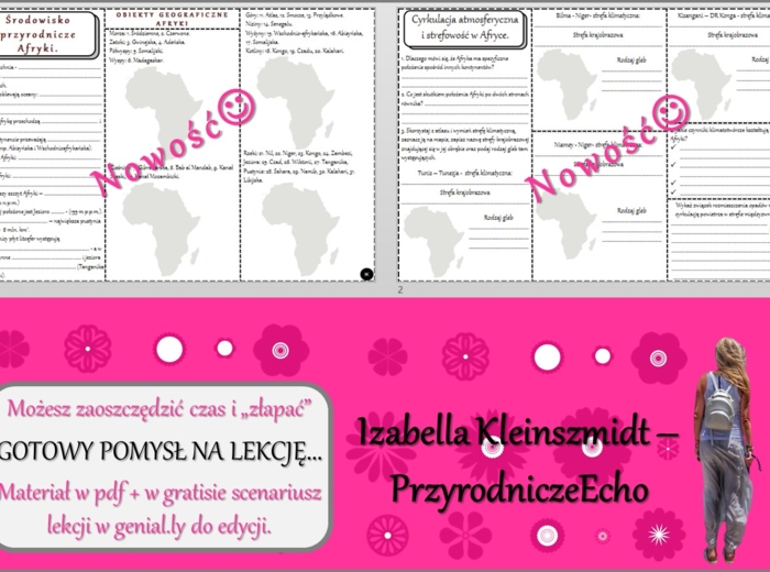 Karta pracy/stacje zadaniowe/notatki do tematu „Środowisko przyrodnicze Afryki.” w pdf. W gratisie niekomercyjny scenariusz lekcji/pomysł na lekcję w programie genial.ly do edycji. Geografia 8. Dział „Afryka”.