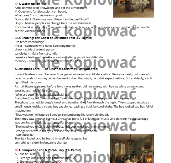 Karta pracy +scenariusz lekcji "The Ghost of Christmas Past" (B1)