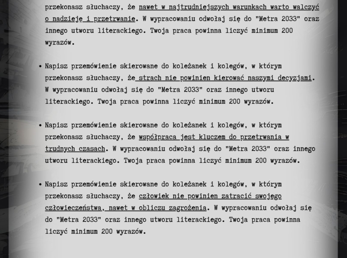 Tematy przemówień - Metro 2033