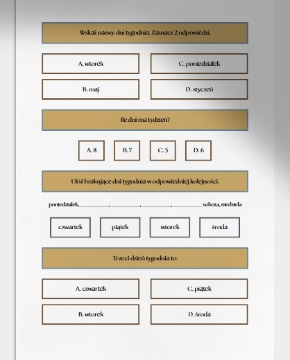 Dni tygodnia. Karta pracy. Sprawdzian