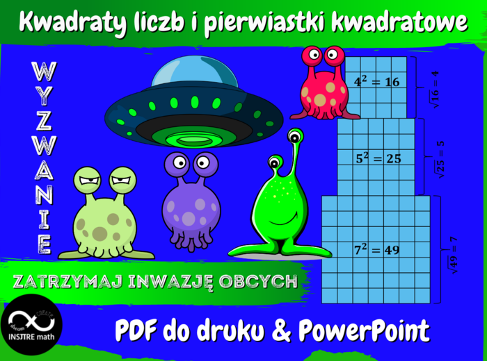 Kwadraty liczb naturalnych i pierwiastki kwadratowe. Potęgi i pierwiastki. Zatrzymaj inwazję obcych.