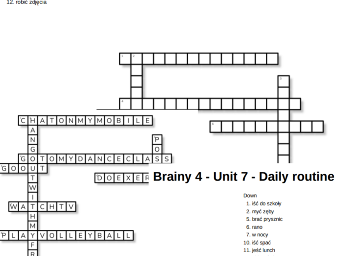 Brainy 4 – Unit 7 – krzyżówki – Daily routine/Free time_Useful!