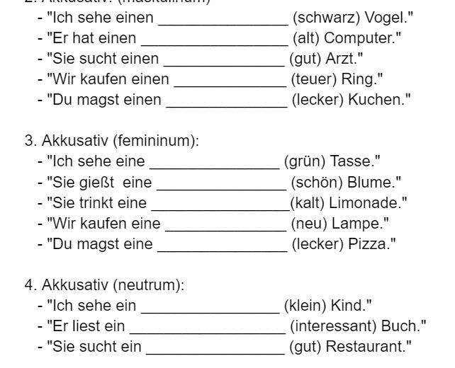 Niemiecki cwiczenia na odmiane rzeczownika z przymitnikiem i rodzajnikiem nieokreslonym i okreslonym w przypadkach mianownik i biernik