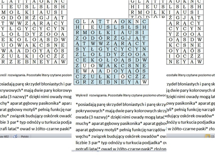 Skrzydlate wyzwanie- gotowa wykreślanka o owadach dla klasy 6