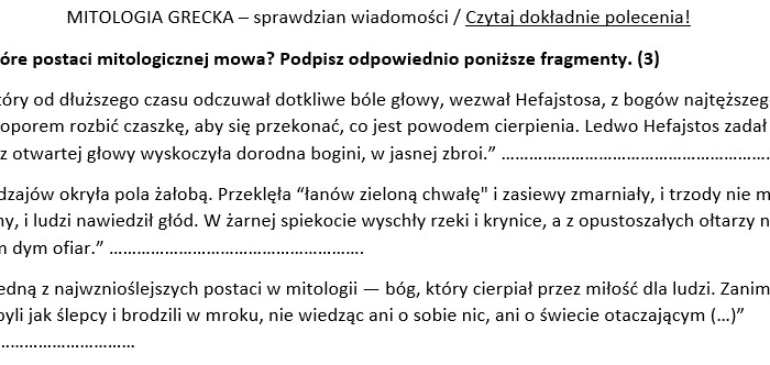 Sprawdzian z zakresu mitologii greckiej (klasa 5/6)
