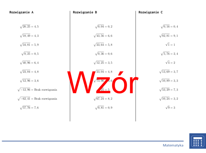 Pierwiastek kwadratowy liczb dziesiętnych dodatnich i ujemnych | matematyka | 26 kolumn