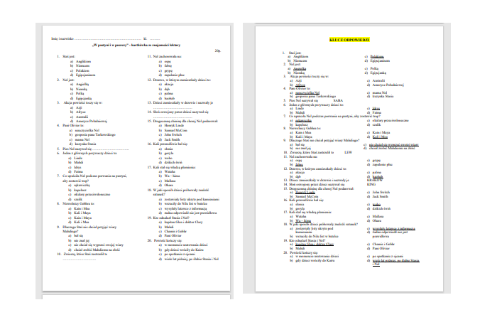 W pustyni i w puszczy - kartkówka, test ze znajomości lektury