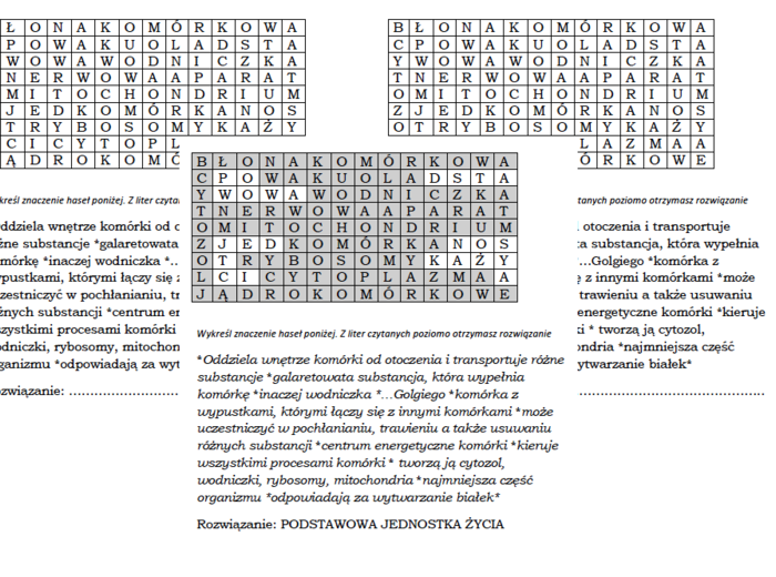 Wykreślanka dla klasy 5 na podsumowanie lekcji o komórce zwierzęcej
