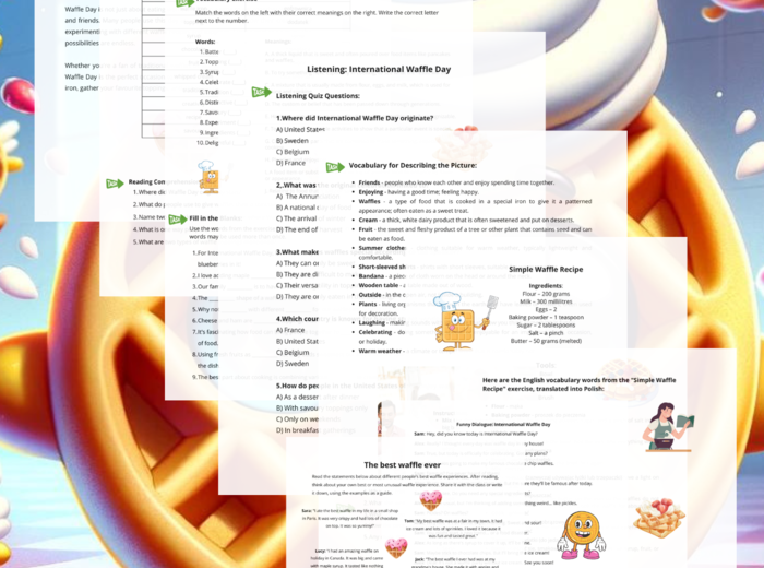 International Waffle Day A2. Dzień gofra. Gotowa lekcja angielskiego. Karty pracy. Worksheet.
