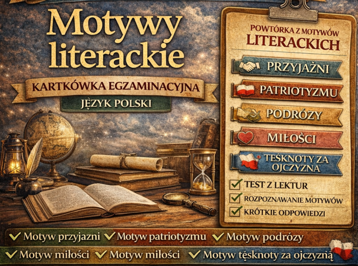 📚 Motywy literackie – kartkówka egzaminacyjna | powtórka przed egzaminem ósmoklasisty (15 zadań)