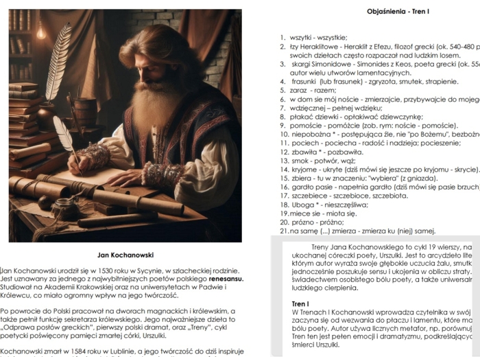 Jan Kochanowski - Treny I, V, VII, VIII - opracowanie i archaizmy,