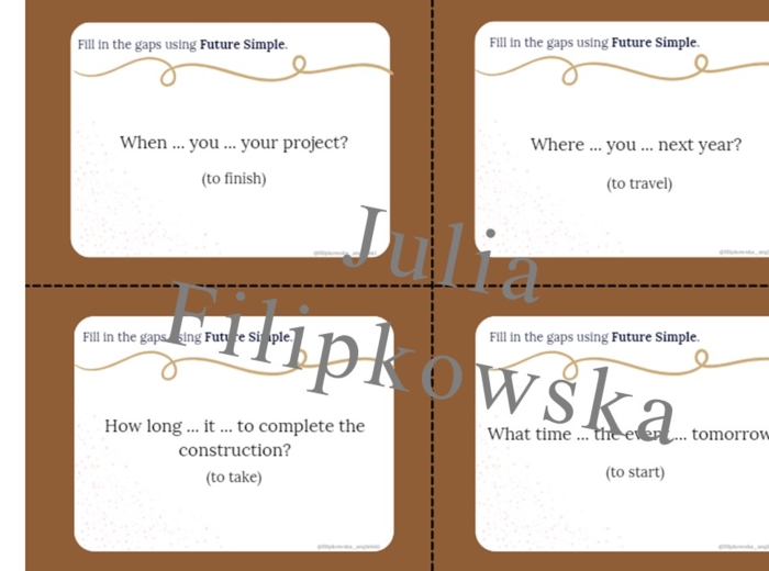 Future Simple Karty do mówienia/ Mówienie/ Speaking/ Zestaw/ Pakiet/ Klasy 4-8/ Klasy 4-6/ Klasy 6-8/ SP/ Warm-up/ Rozgrzewka/ Gramatyka/ Grammar/ Speaking cards grammar/ Grammar cards/ E8