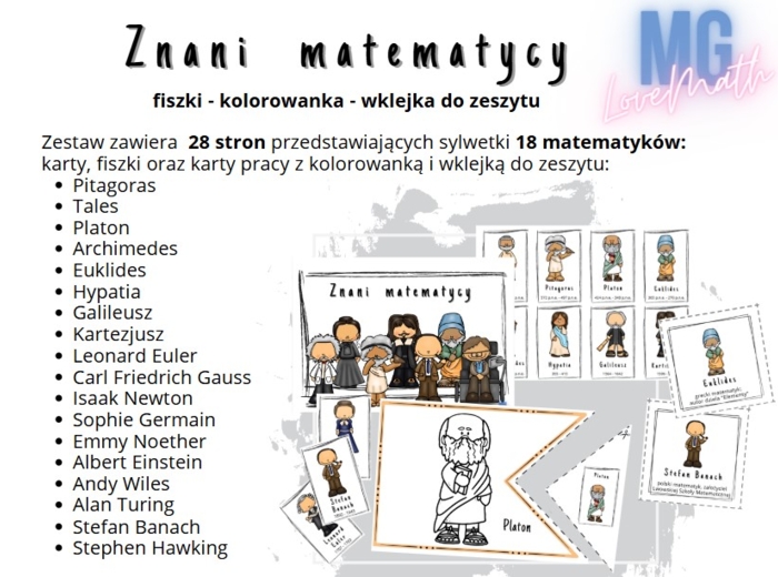 Dzień matematyki - Znani matematycy - kolorowanka, karty, fiszki