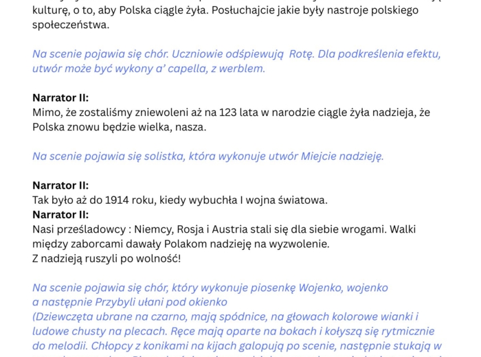 Scenariusz przedstawienia z okazji Narodowego Święta Odzyskania Niepodległości