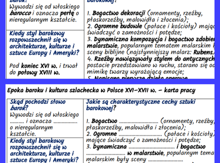 Epoka baroku i kultura szlachecka w Polsce XVI–XVII w. – notatki i karta pracy